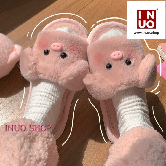 Sandalia de felpa de cerdito rosa ,Zapatillas de felpa suave para mujer